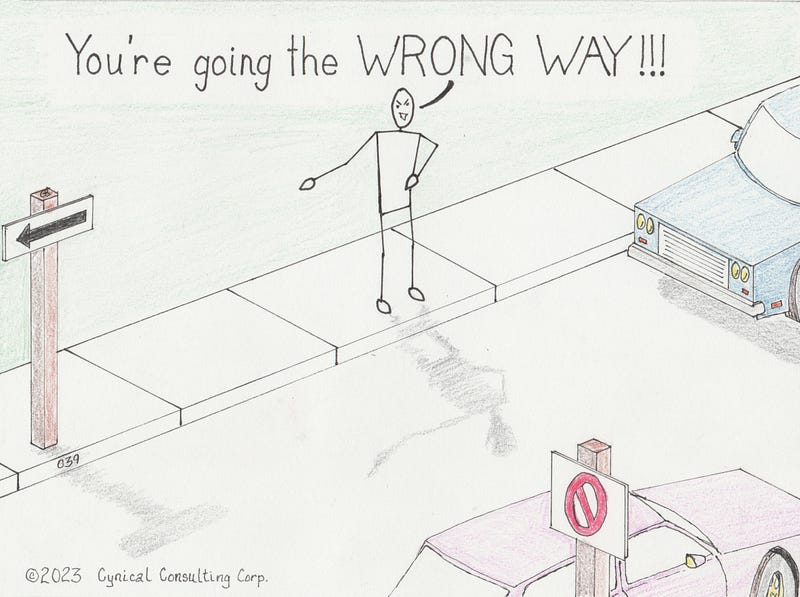 A purple car is going the wrong way on a one-way street. A man on the sidewalk says, “You’re going the WRONG WAY!!!”