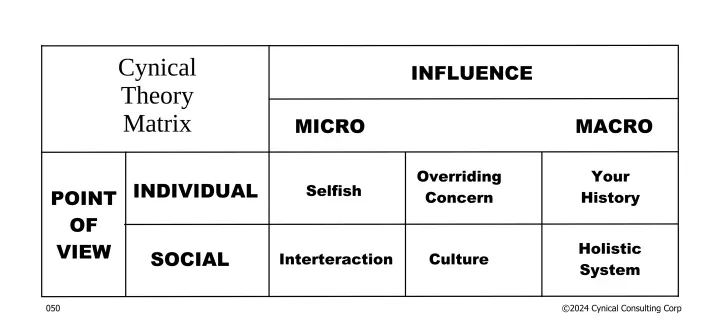 Influence dimension at the top (Micro - Macro); POV dimension left (Individual & Social). First row Individual: Selfish, Overriding Concern, Your History. Second row Social: Interaction, Culture, Holistic System.