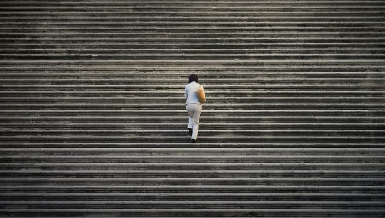 A solitary woman with her back to the camera climbing full-width stairs.