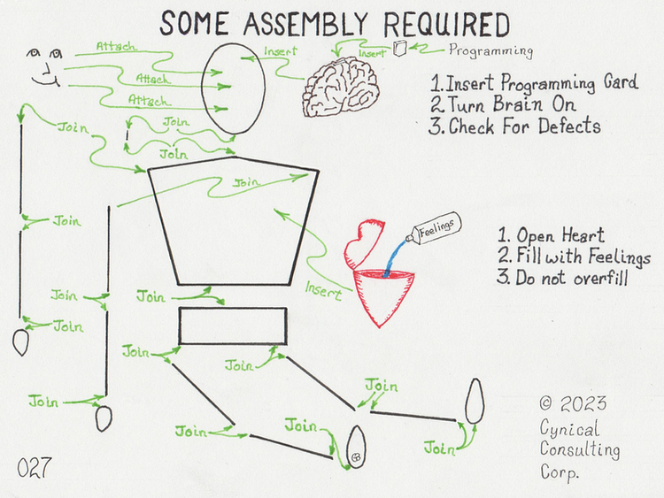 Some Assembly Required. Disassembled man with arrows pointing to the parts that should be “joined” (hand, forearm, arm, torso