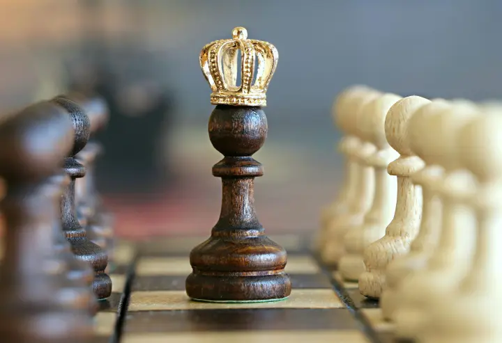 Black pawn with gold crown flanked on the left by a row of black pawns and on the right by a row of white pawns.