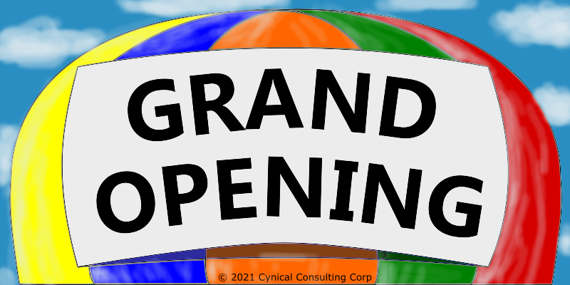 A white banner containing “GRAND OPENING” on the top half of a hot-air balloon with yellow, blue, orange, green, and red pane