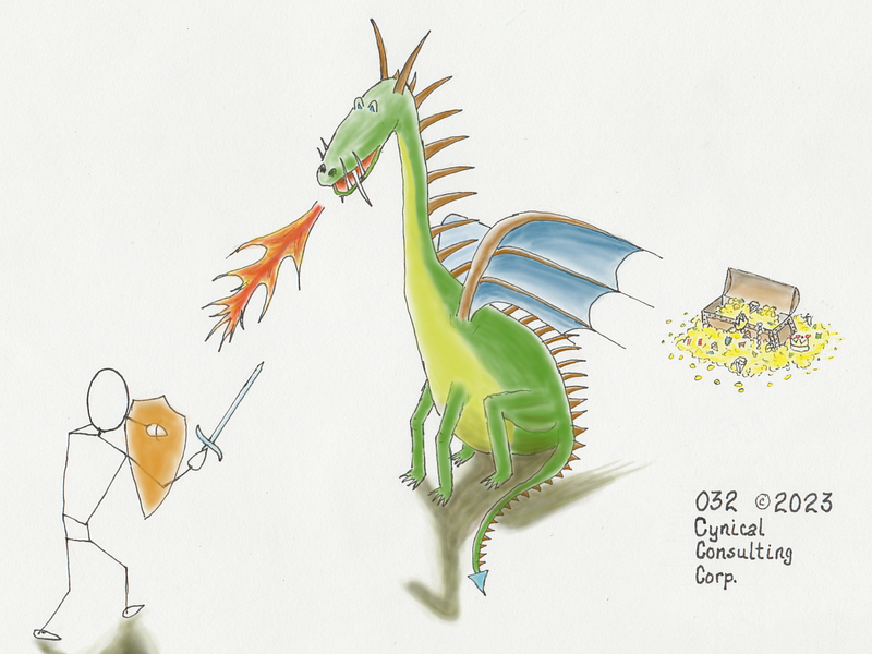 A knight with a brown shield and a long silver sword confronts a dragon breathing fire. The dragon is green with a yellow und