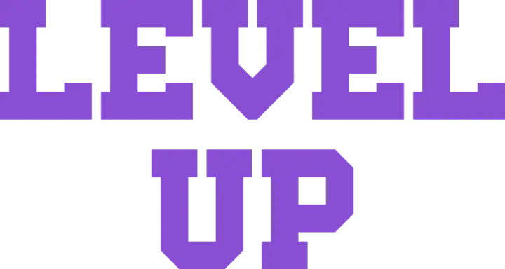 The Cynical Guru illustration: “LEVEL UP” in violet colored block letters.